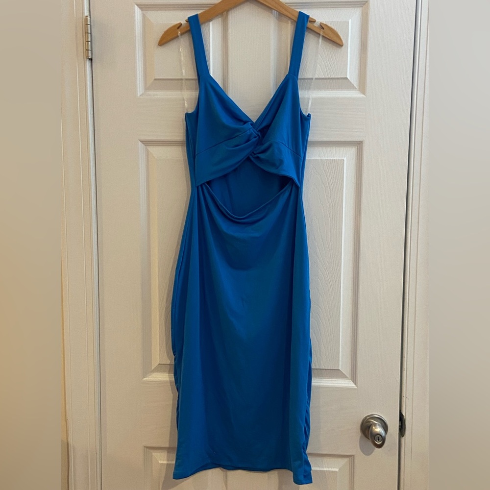 Blue Twist Front Cut Out Midi Dress